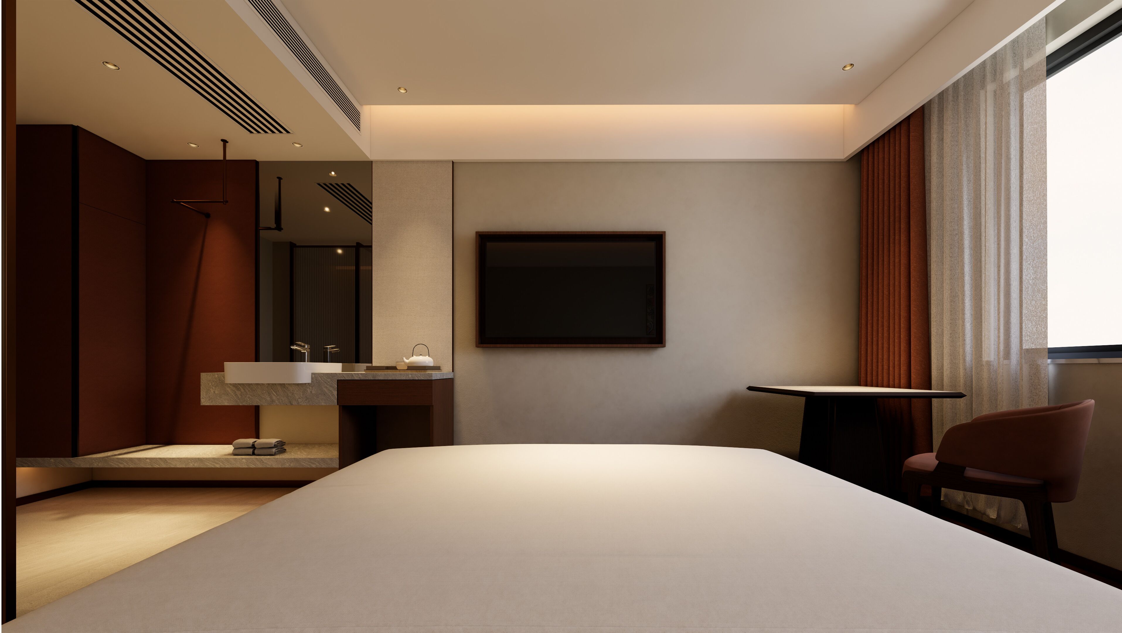 A modern hotel room with a large bed, a bedside table, a mirror, a wall-mounted TV, and a window with curtains.