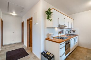 A modern kitchen with white cabinets, a wooden countertop, stainless steel appliances, and a small trash bin. - Holiday Apartment 'Landnest' with Mountain View, Balcony and Wi-Fi (Prutting)