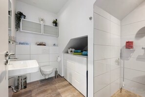 Shower, hair dryer, towels