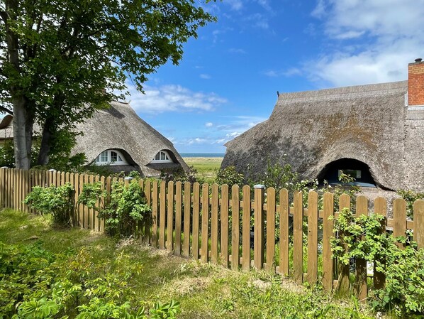 Thatched-roof cottages with arched windows, surrounded by a wooden fence, set in a grassy field with a clear sky.