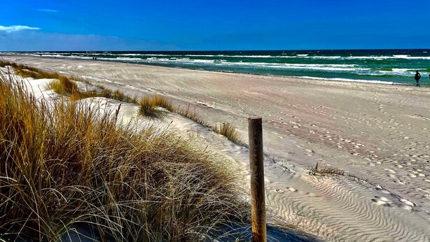 Una platja amb dunes de sorra, un pal de fusta i l'oceà al fons.
