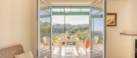 TV, fireplace, books