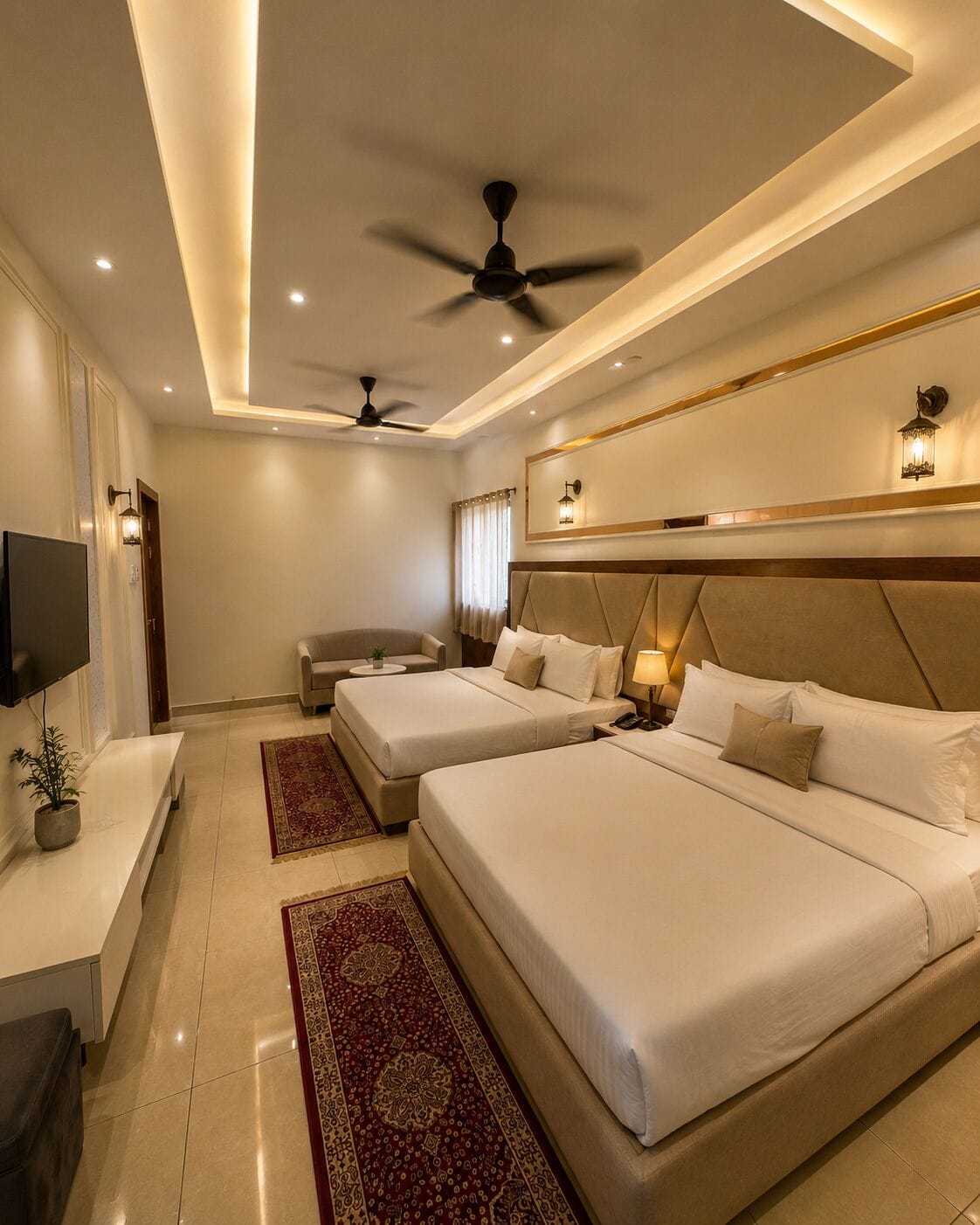 Deluxe Quadruple Room, City View | Desk, laptop workspace, WiFi (free), bed sheets
