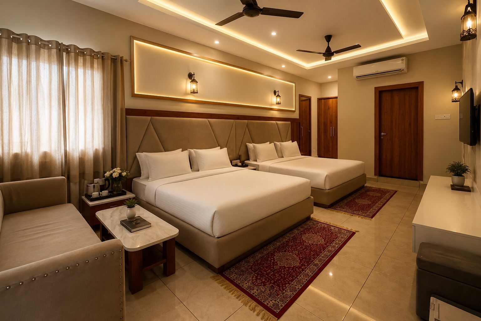 Deluxe Quadruple Room, City View | Desk, laptop workspace, free WiFi, bed sheets