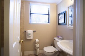 Hair dryer, towels, shampoo