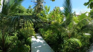 A pathway through a lush garden with various tropical plants and a palm tree in the background. - Oceana Inn Maldives (Kudahuvadhoo)
