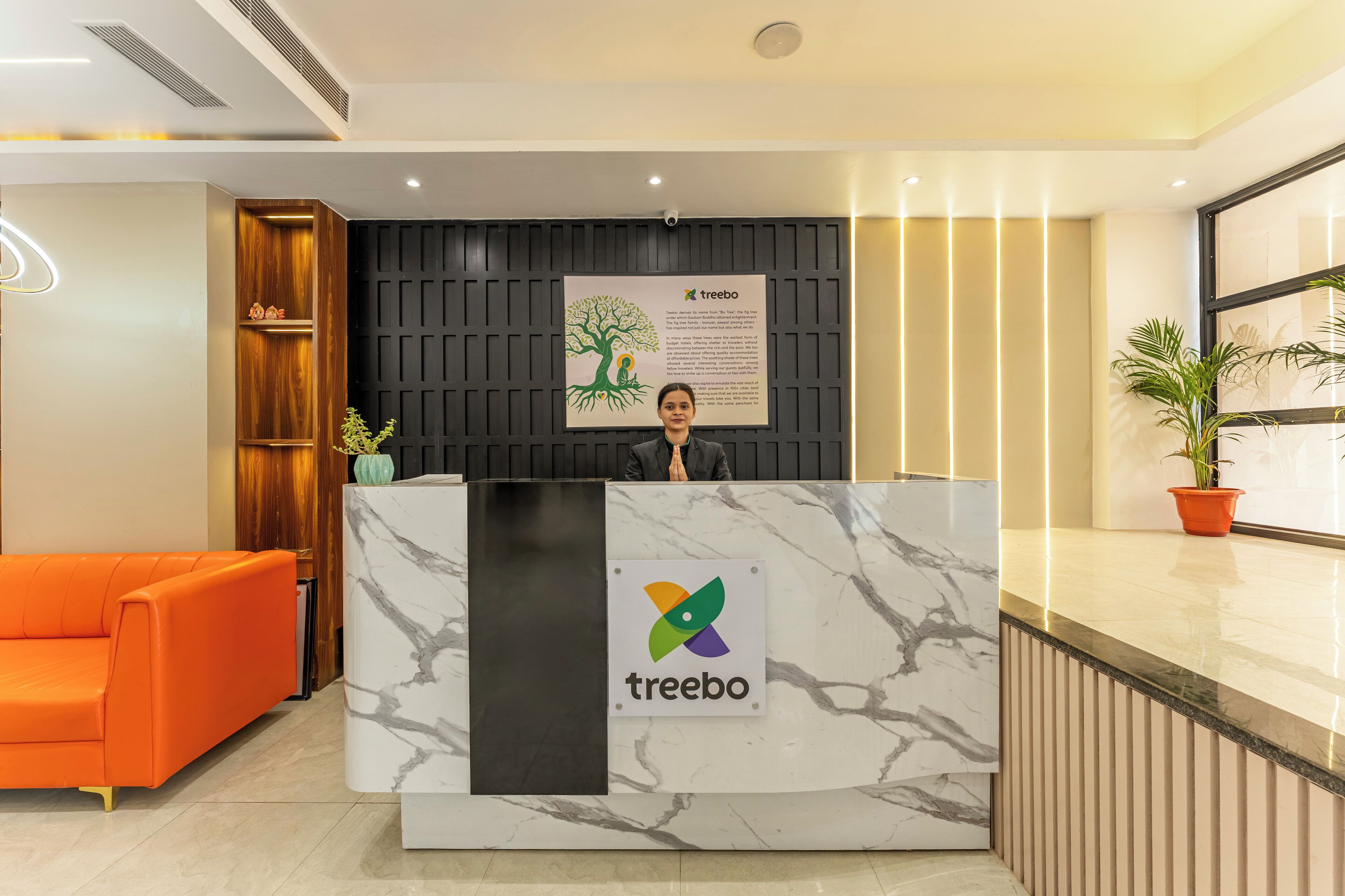 Een receptiebalie met een Treebo logo, een houten plank, een oranje bank en een plant in pot.