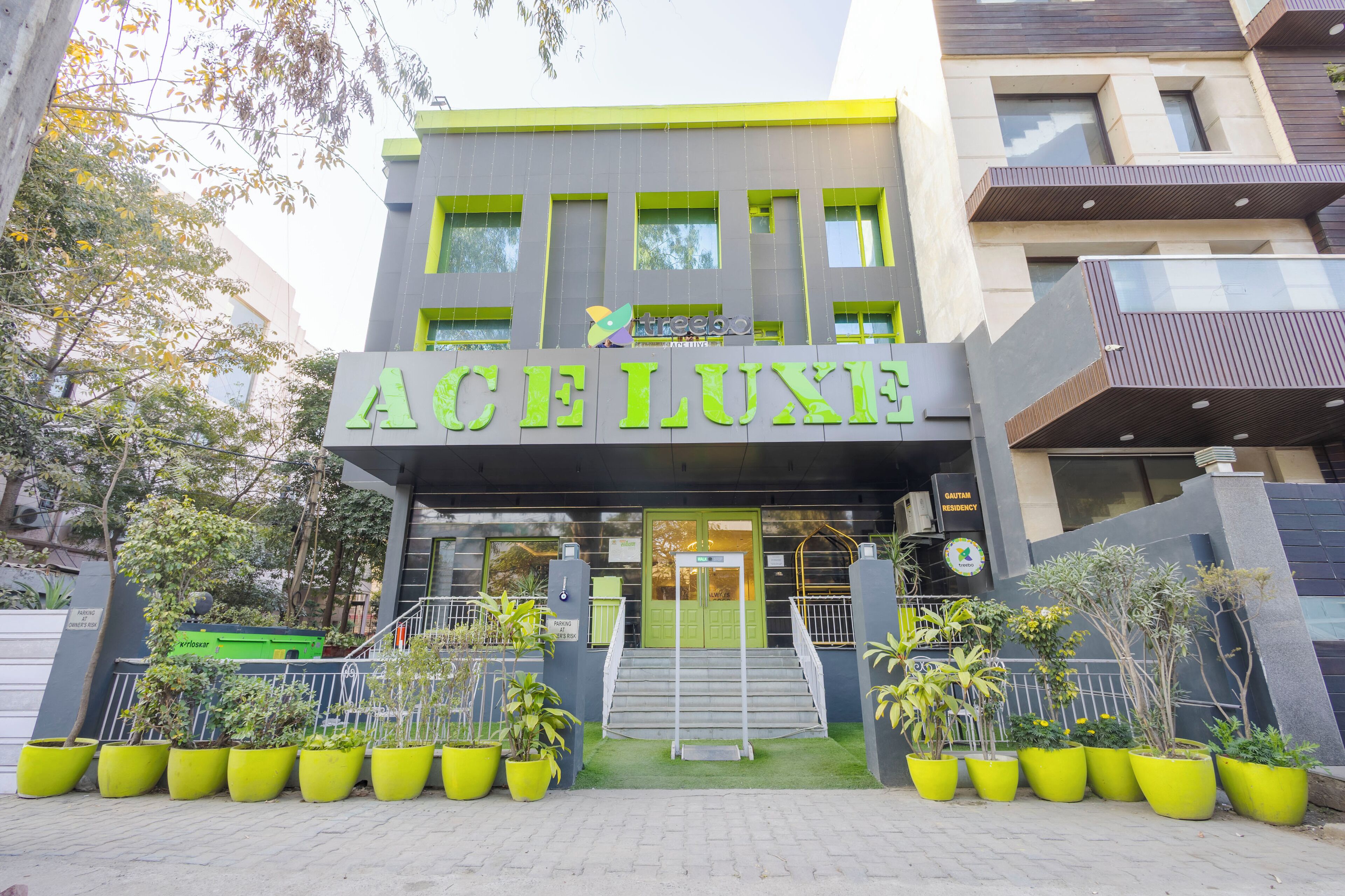 A modern building with a green and grey facade, a prominent entrance with steps, and several potted plants in front.