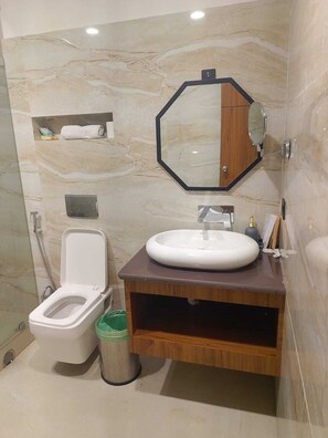 A bathroom with a toilet, sink, mirror, and shower. - Banmali regency (Golmuri)