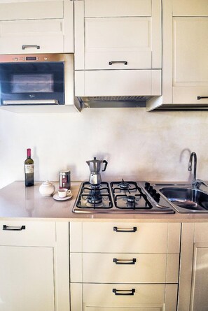 Stovetop, dishwasher, coffee/tea maker, cookware/dishes/utensils