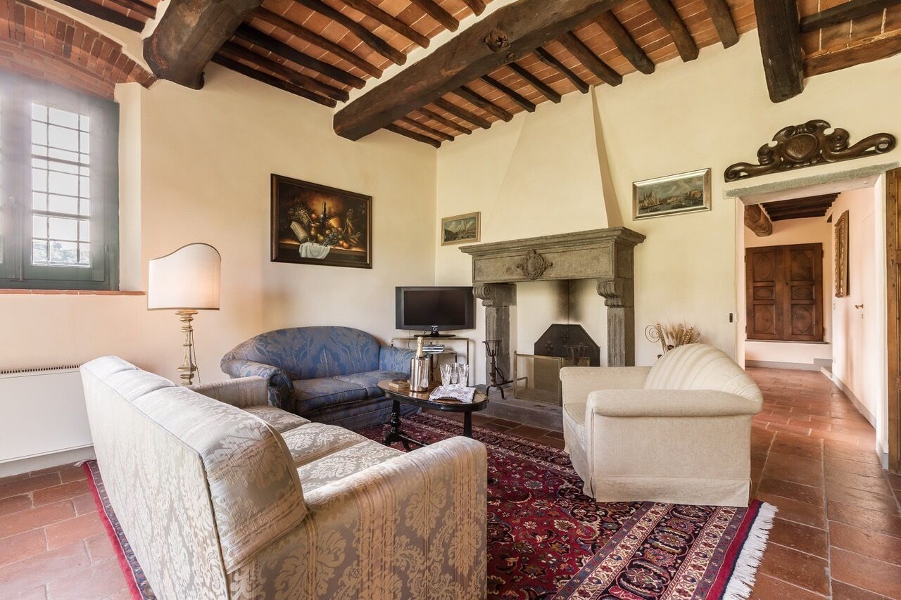 A living room with a fireplace, sofas, a television, and a patterned rug.