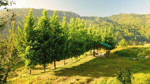 Ein Gazebo in einer grünen Wiese, umgeben von Bäumen und einer hügeligen Landschaft.