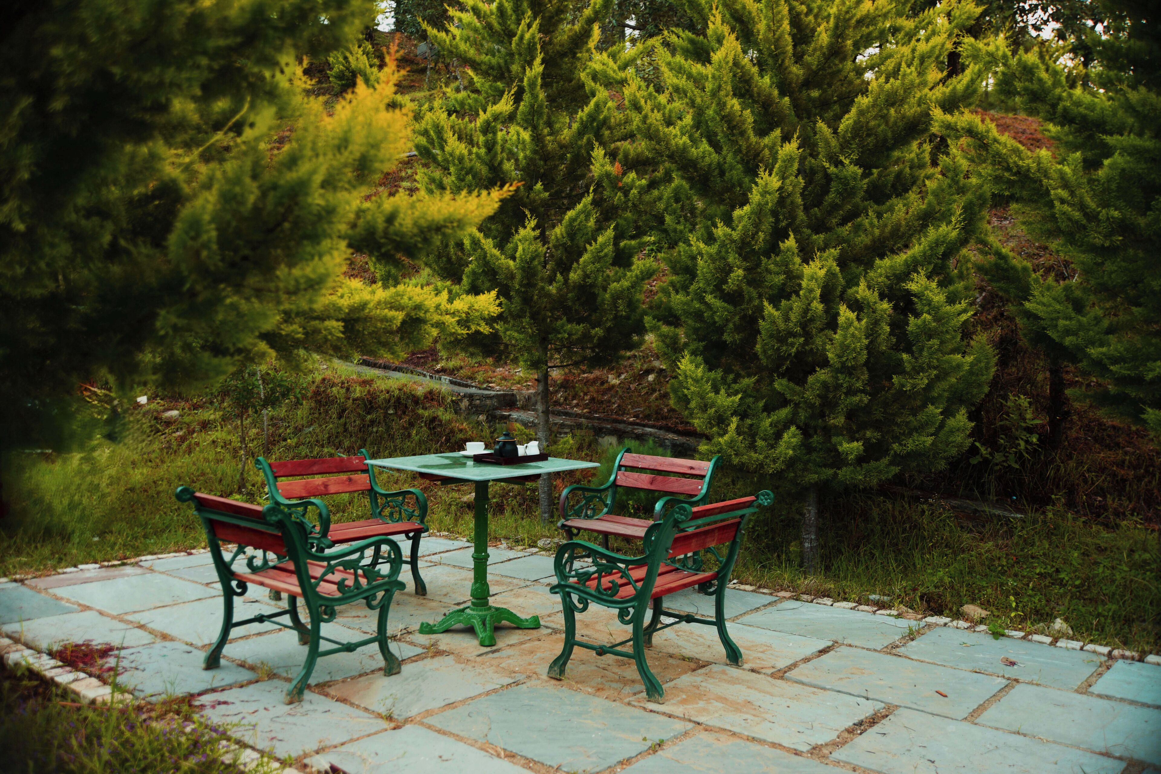A park bench and table set on a stone pathway surrounded by trees.