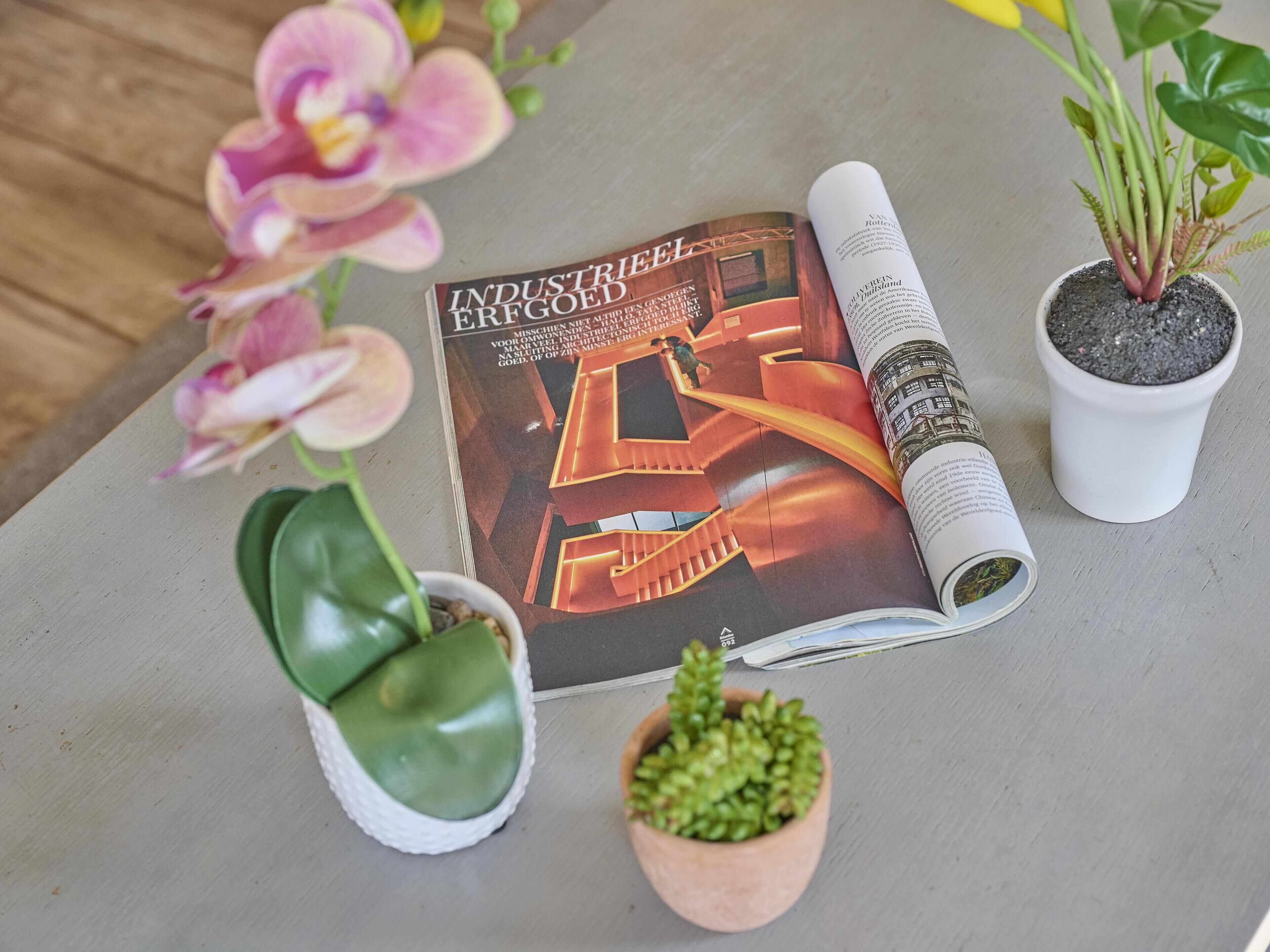A magazine titled 'INDUSTRIEL ERFGOED' on a table with potted plants and a rolled-up magazine.
