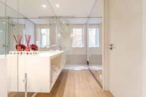 Shower, hair dryer, towels