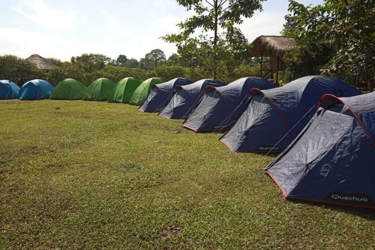 A row of tents labeled 'Quechua' in a grassy field with trees and a thatched-roof structure in the background.