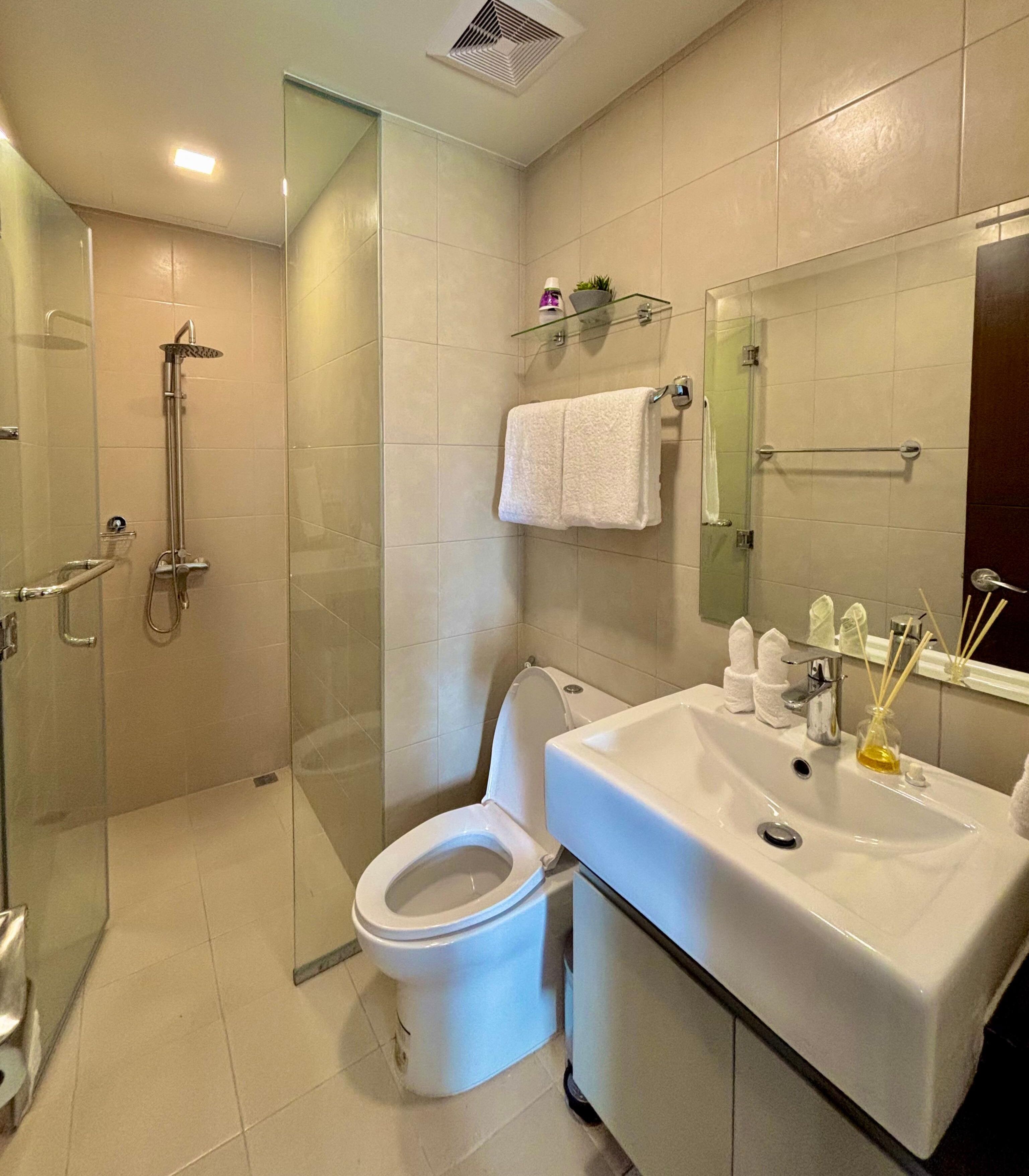 A modern bathroom with a glass shower enclosure, a white toilet, and a sink with a mirror.