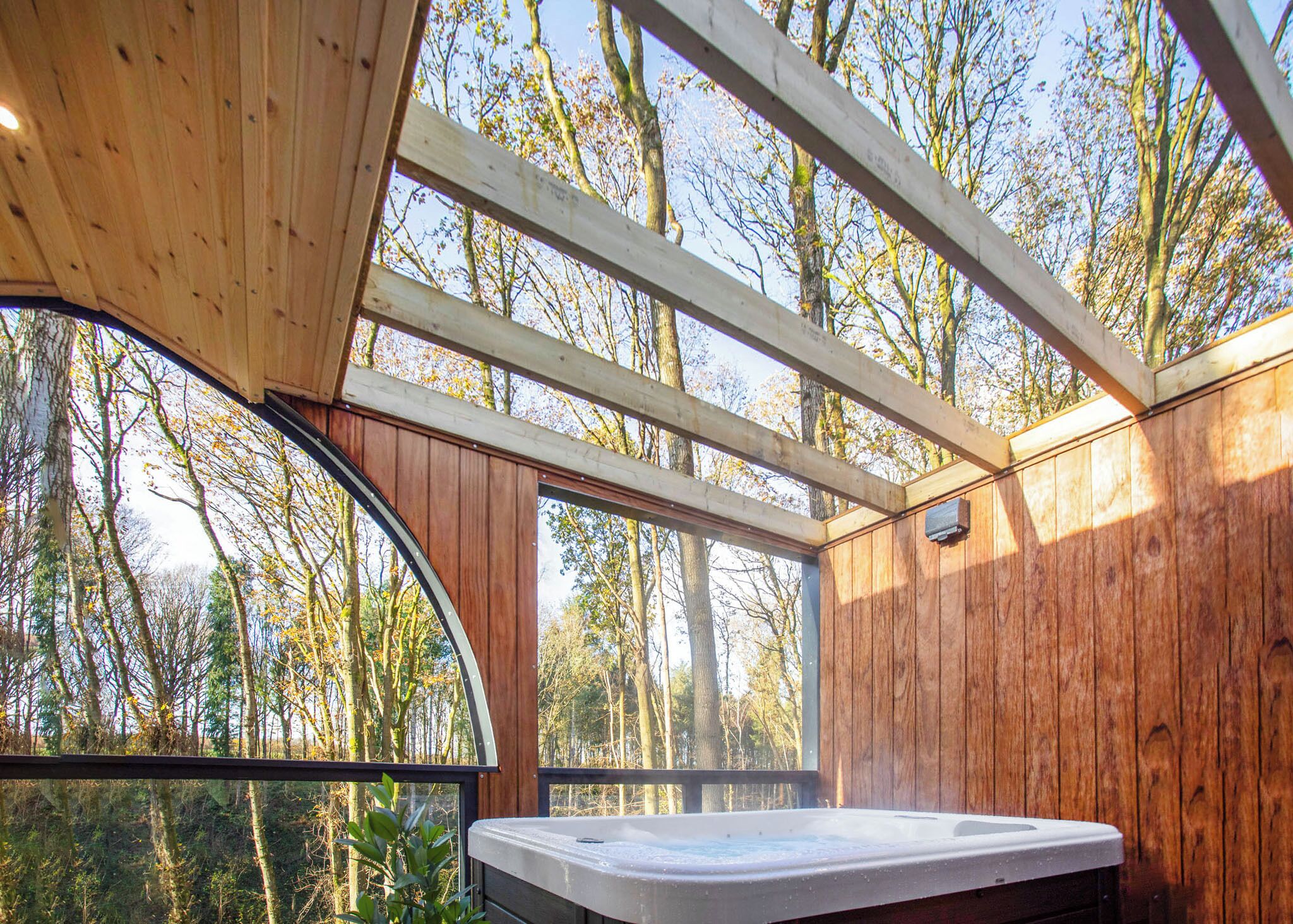 A wooden cabin with a hot tub, large windows, and a view of the forest.