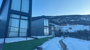 Een modern gebouw met grote ramen en een groene wand.
