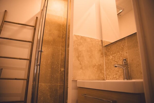 A bathroom with a glass shower enclosure, a white sink, and a wooden cabinet. - The Lord of the Rings, Lamartine (Tours)