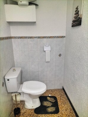 Chuveiro, toalhas de banho, sabonete, papel higiênico