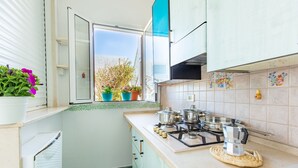 A kitchen with a gas stove, pots, a coffee maker, and a window with plants. - Cosy apartment for 5 people with A/C, WIFI, TV and veranda, close to Ostuni (Pantanagianni-pezze Morelli)