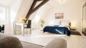 1 bedroom, desk, iron/ironing board, travel cot