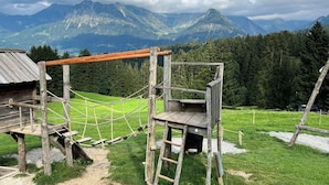A rustic wooden structure with a rope bridge and ladder, surrounded by a grassy field and a mountain backdrop.