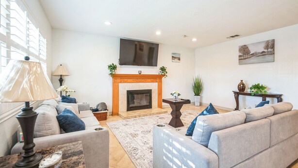 A living room with a fireplace, sofa, TV, and decorative plants.
