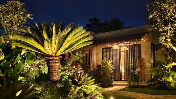 A well-lit garden with a variety of plants and a pathway leading to a building with a thatched roof and large windows. - Widji Garden Villa (Pecatu)