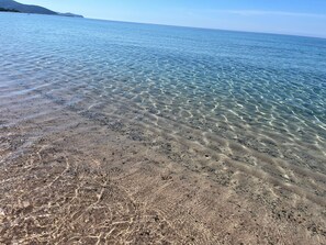 On peut clairement voir une plage avec une eau peu profonde et un rivage sablonneux.