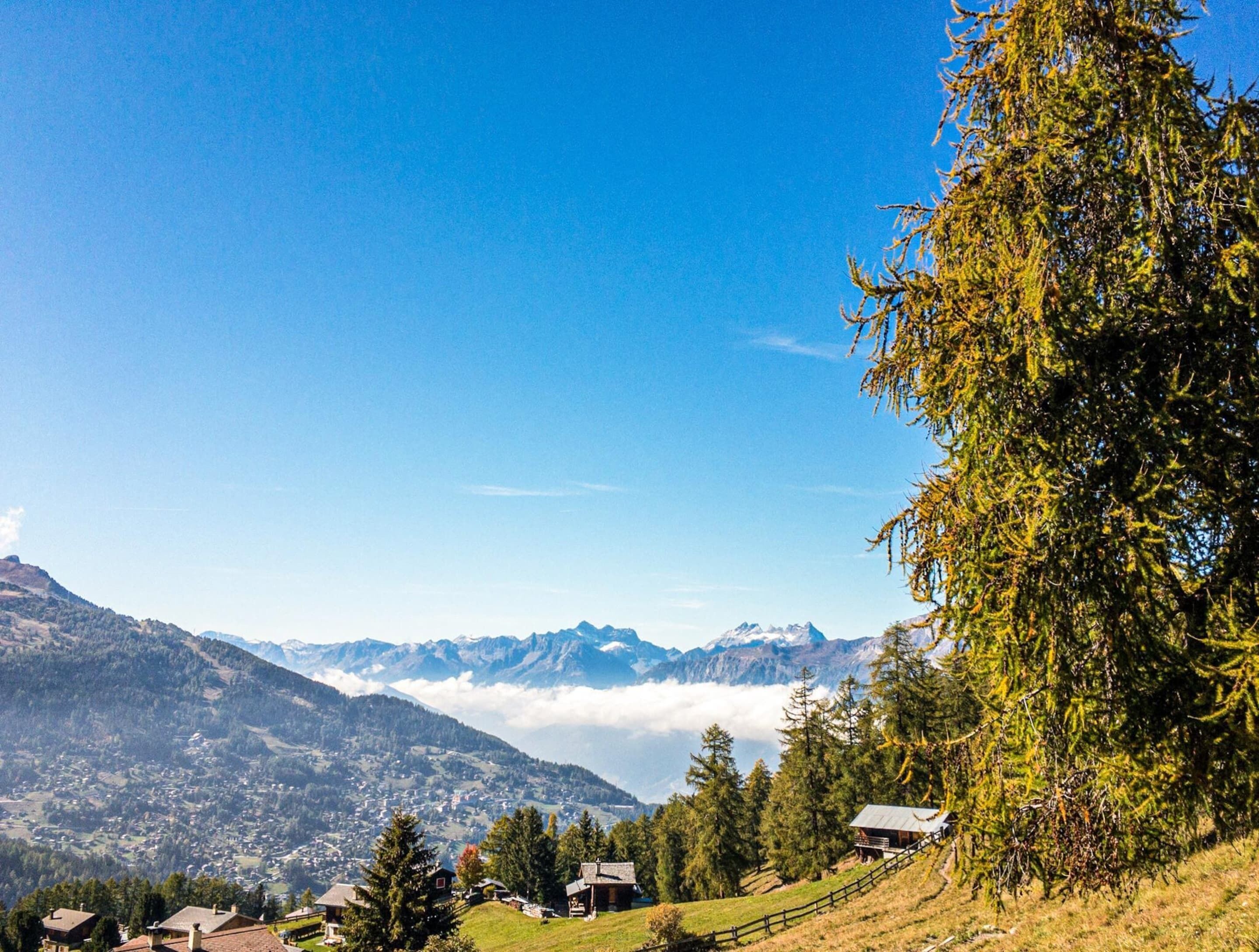 A mountainous landscape with a clear sky, houses on a hillside, and a forested area.