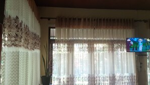 Une pièce avec un plafond en bois, une fenêtre ornée de rideaux à motifs, une plante en pot et un téléviseur placé à droite.