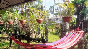 Un hamac sous une zone abritée, avec des plantes en pot et des arbres en arrière-plan.