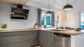 A modern kitchen with grey cabinetry, a stainless steel dishwasher, and pendant lighting. - "Caya" - 750m from the sea by Interhome (Løkken)
