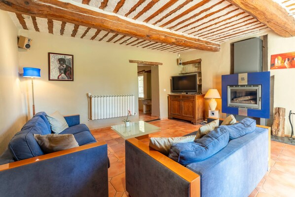 Un salon avec deux canapés, un téléviseur, une cheminée et un radiateur.
