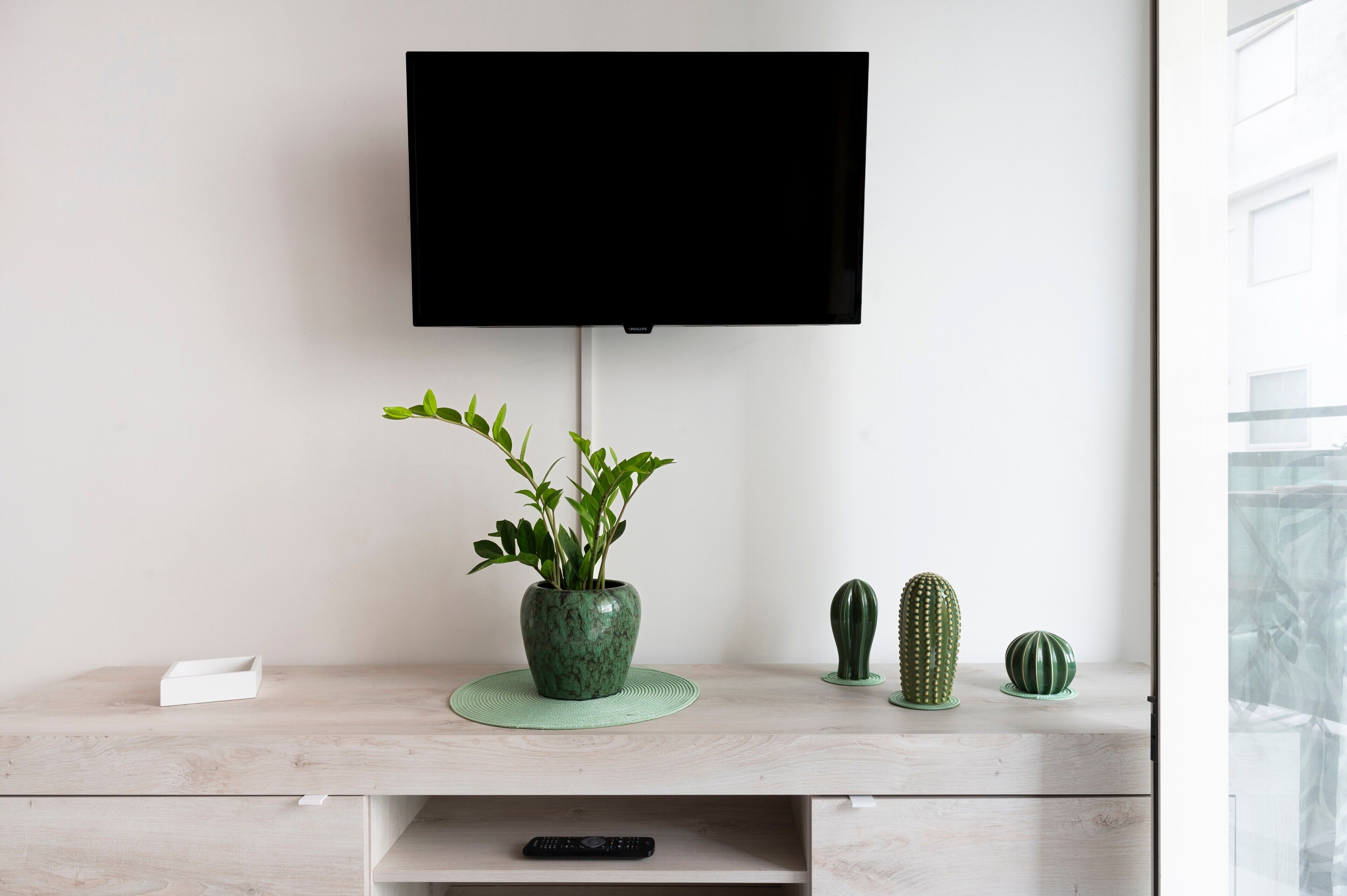 A flat-screen TV mounted on a wall above a wooden desk with a green plant, two cacti, and a remote control on the desk.