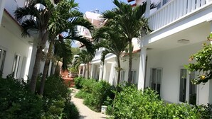 A narrow pathway flanked by lush greenery and white buildings with balconies. - Volga Hotel Mui Ne (Mui Ne)