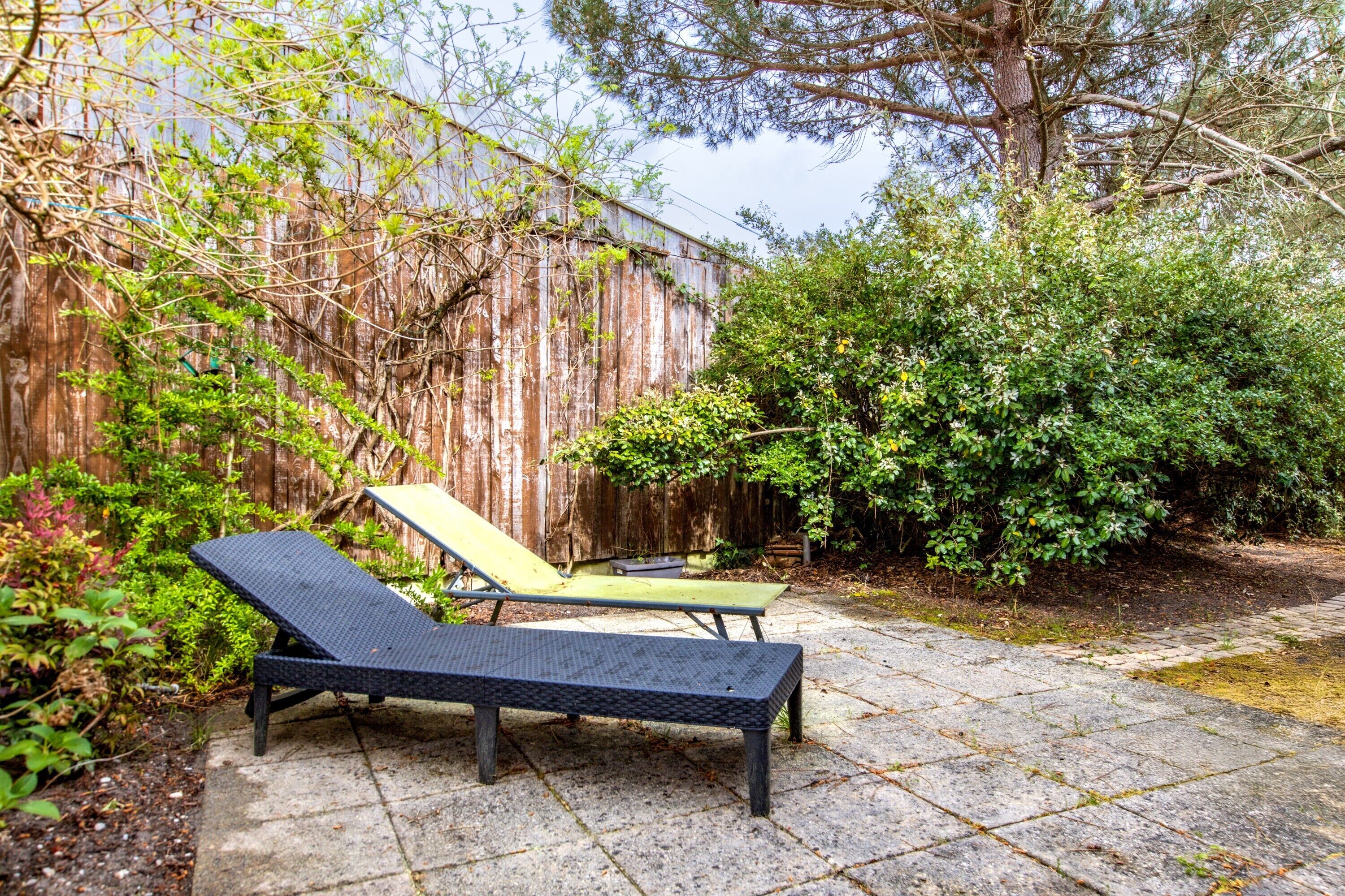 A patio with two lounge chairs, a wooden fence, and dense greenery.