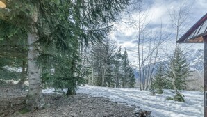 A snowy forest with a cabin, trees, and a mountain in the background.