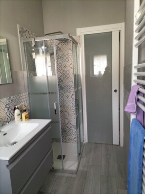 Hair dryer, towels, soap, toilet paper