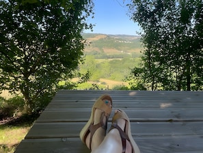 Eine Holzterrasse mit Blick auf eine hügelige Landschaft.