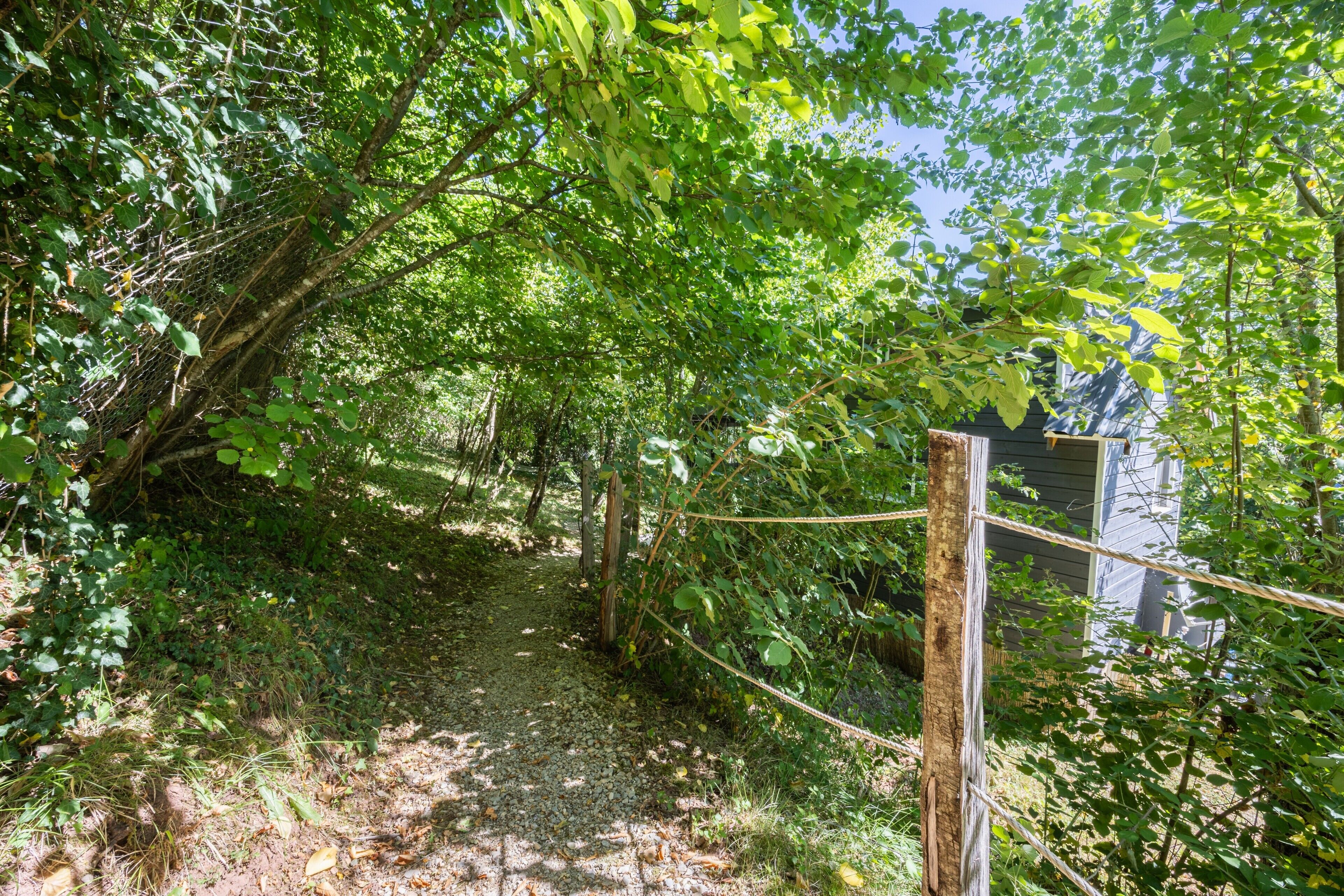 A narrow, wooded path leading to a building with a wooden fence.