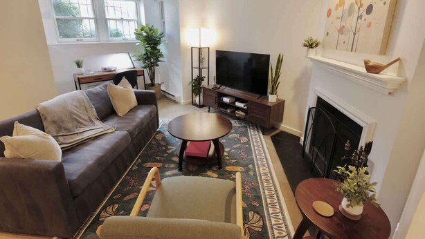 A living room with a sofa, coffee table, TV, fireplace, and a painting on the wall. - Capitol Hill & Penn - Steps from Eastern Market (Washington)