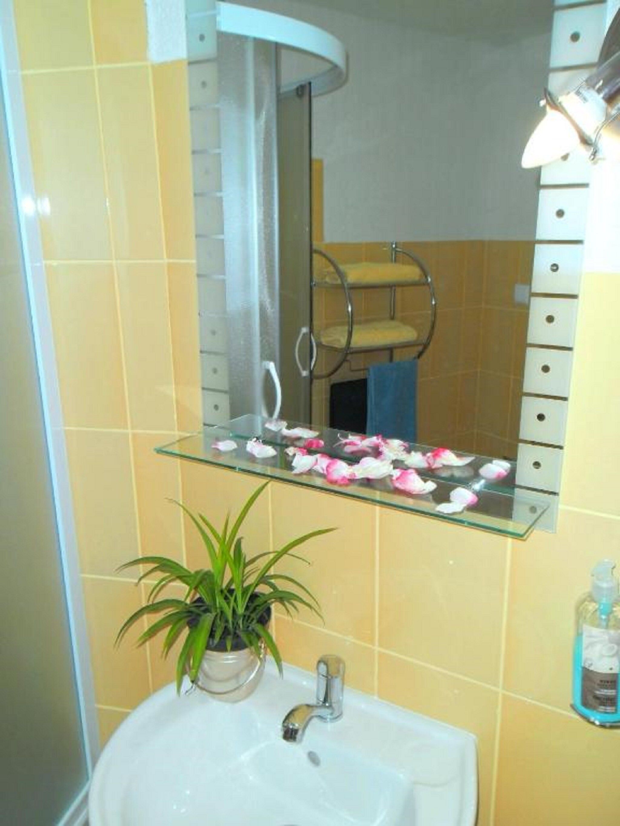 Een badkamer met een wit wastafelmeubel, een glazen plank met bloemblaadjes, een potplant en een spiegel.