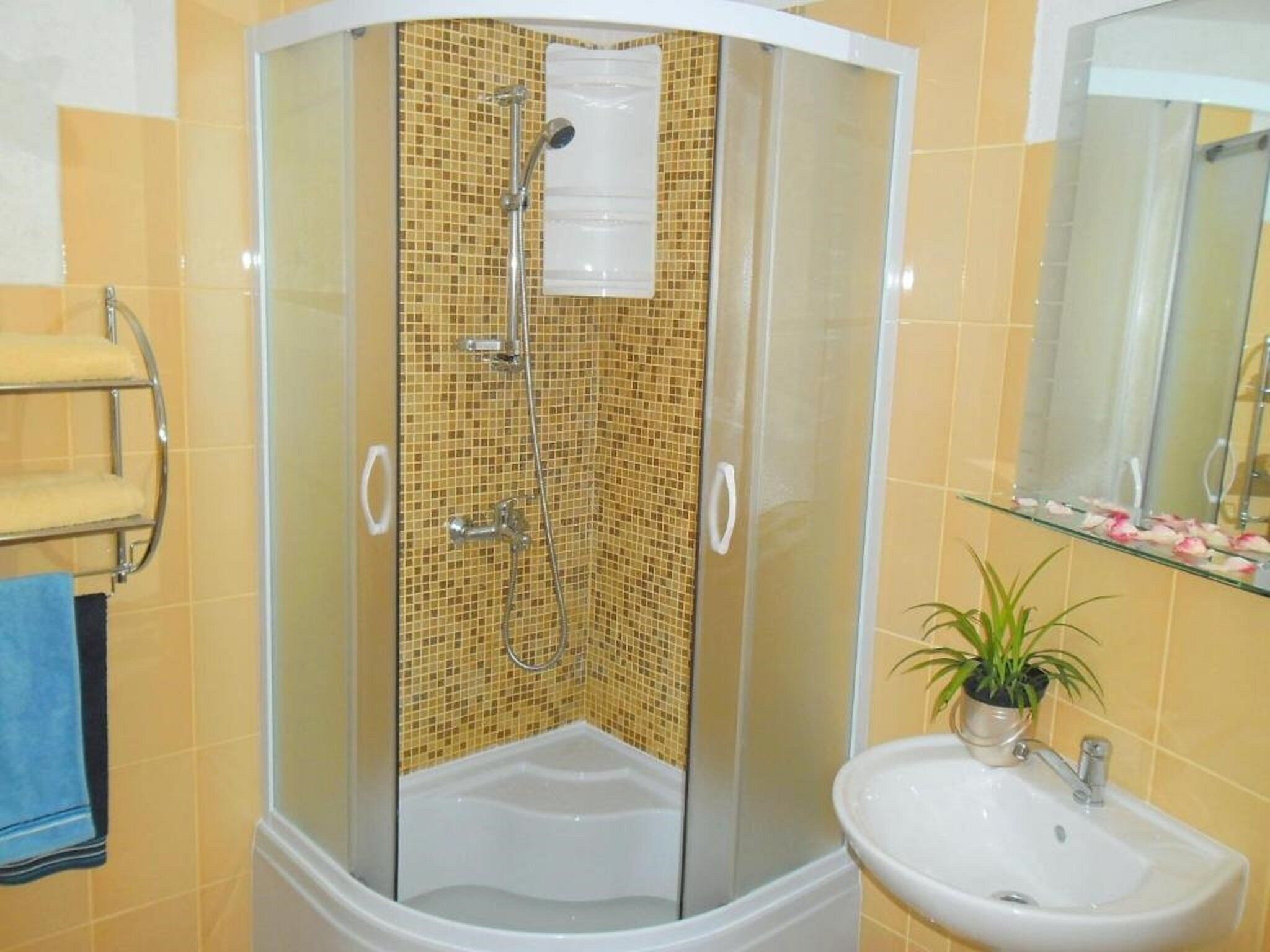 Une douche d’angle avec une porte en verre, un lavabo blanc et un miroir au-dessus du lavabo.