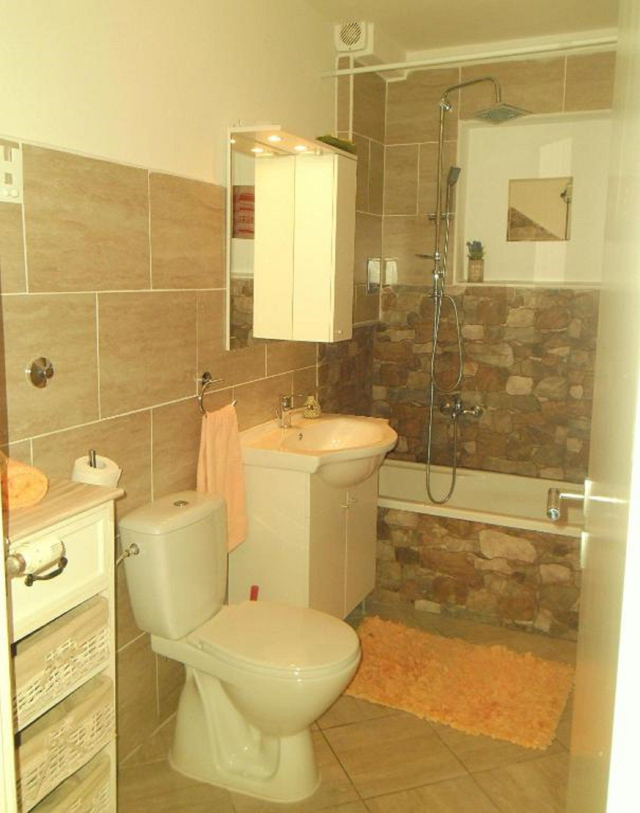 Un baño con inodoro, lavabo y ducha.