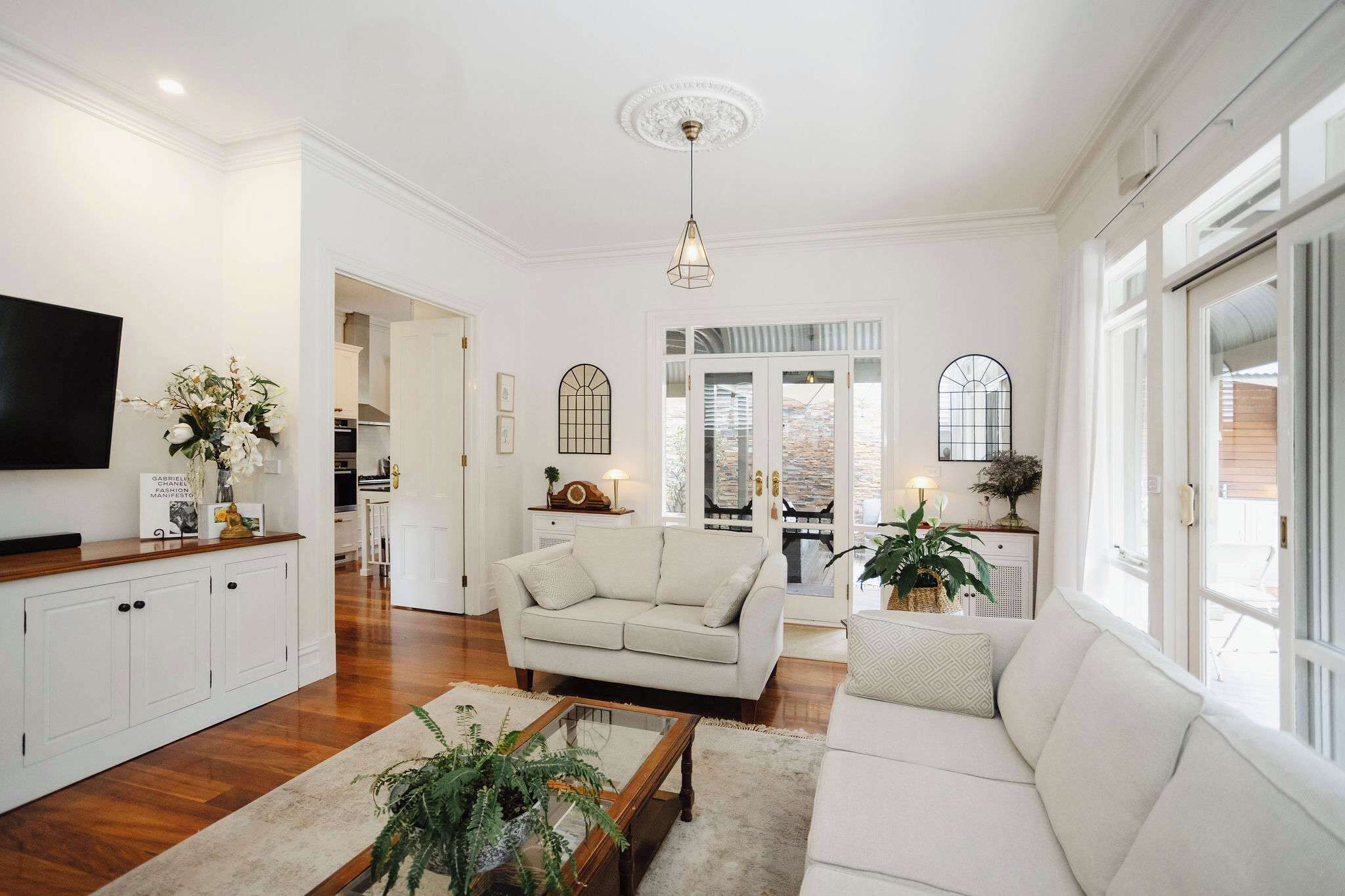 TV, fireplace, books