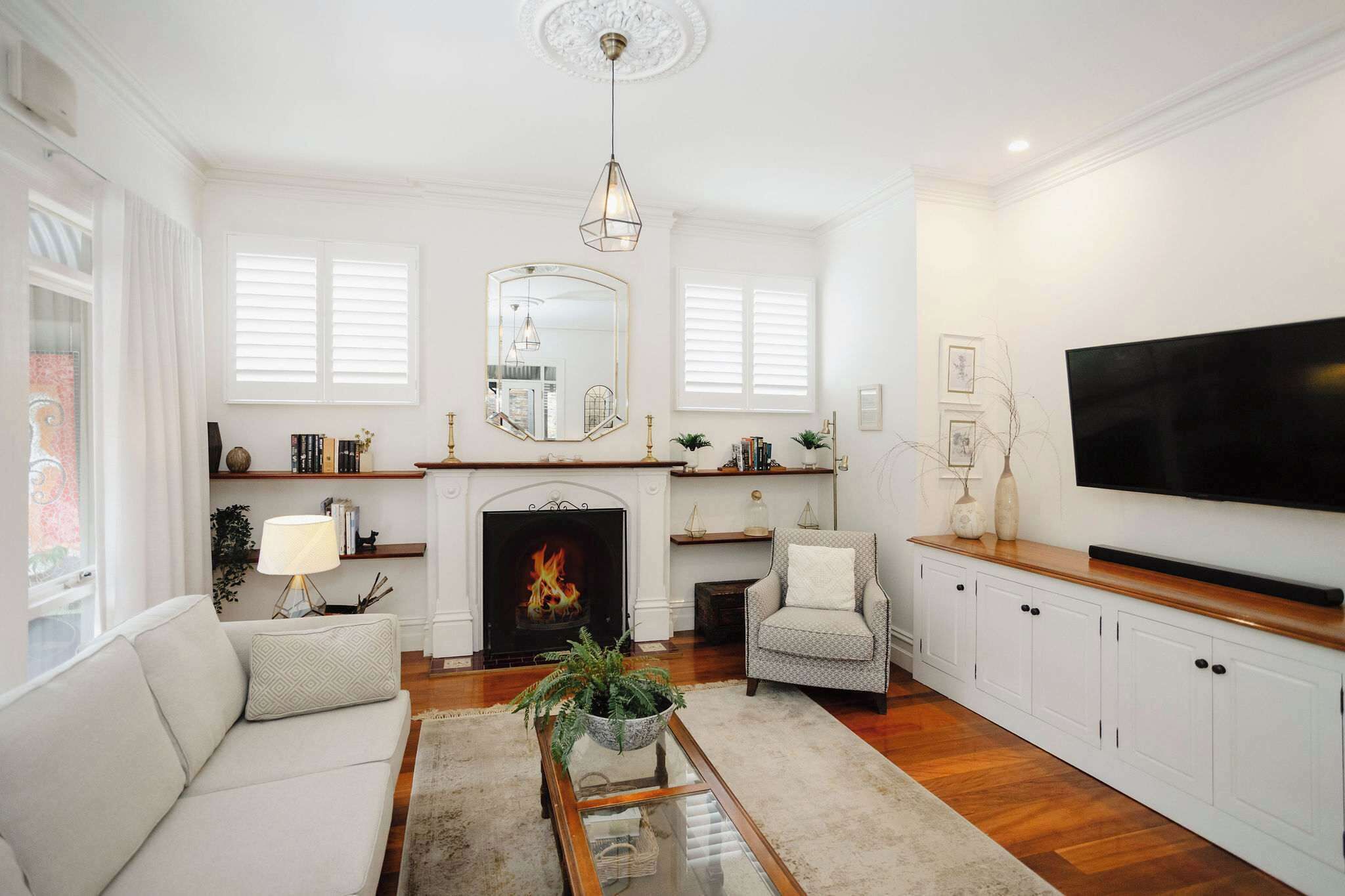 TV, fireplace, books