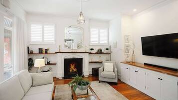 TV, fireplace, books